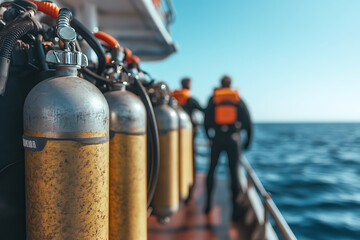 Scuba Gear on Boat: Dive Team Prepares

A row of scuba tanks lines the deck of a boat, ready for divers to explore the underwater world with an azure ocean in the background.