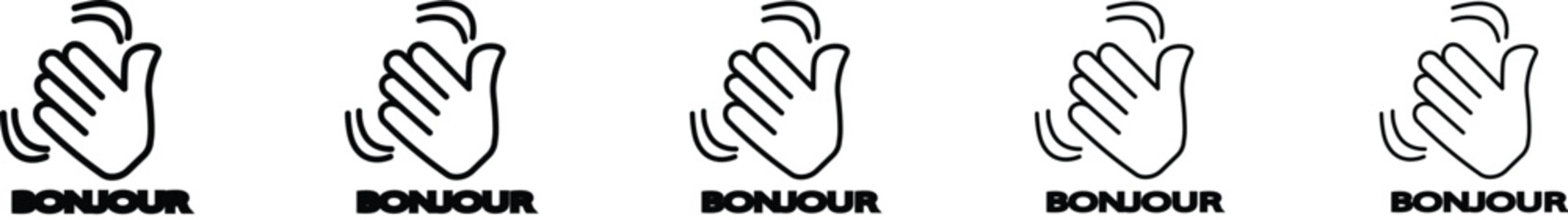 Bonjour text with hand wave icon Black and white thin flat outline style vector sign © MDParveg