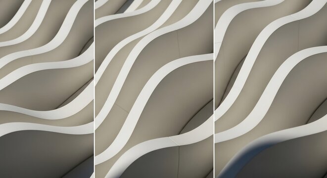 Close-up of a contemporary building facade showcasing a rhythmic, flowing design of parallel wavy lines and curves. - Powered by Adobe