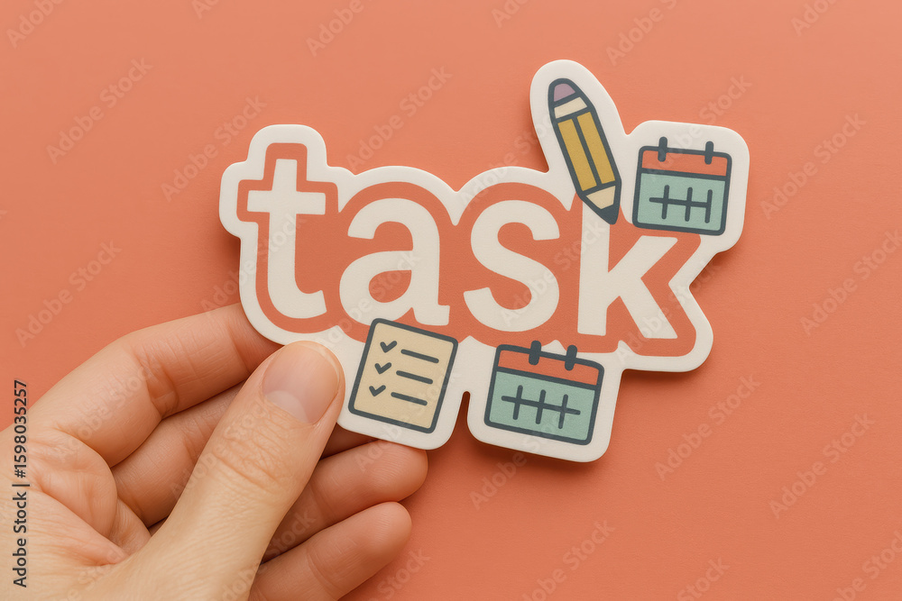 Poster task list and calendar icons decorate a playful pink coral background with smooth texture and a focu