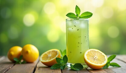 Fototapeta premium Refreshing Lemonade with Mint Garnish on a Wooden Table