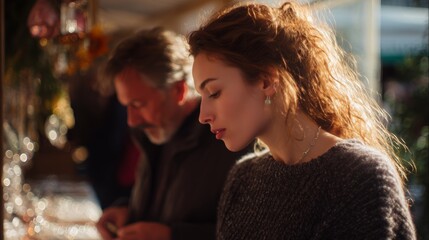 Woman with curly hair interacts with a vendor at a market during golden hour in an outdoor setting