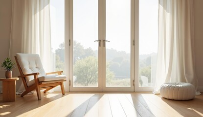 Fototapeta premium Bright, minimalist living room with large windows, wooden floor, and cozy seating.