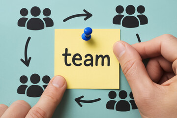 Team collaboration and teamwork connect groups with arrows and pinned notes on a flat minty background