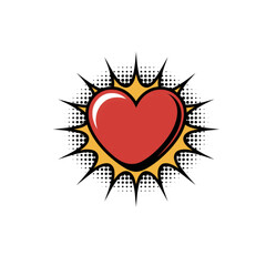 Glossy red heart on yellow-black burst background—ideal for love stickers, romantic social-media posts, dating app badges, pop-art décor, greeting cards.