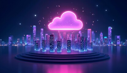 Neon Cloud Over Futuristic Cityscape with Digital Data Towers