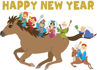 年賀状素材イラスト　午年　七福神　HAPPY NEW YEAR