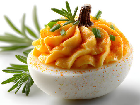 Deviled Eggs decorated to look like mini pumpkin, Halloween spooky appetizer, Easter brunch, on white background 