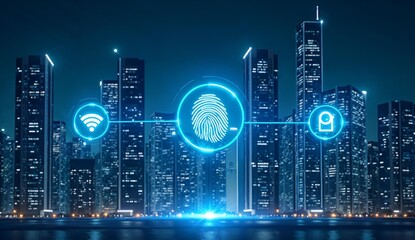 Futuristic Cityscape with Digital Icons Representing Connectivity, Biometrics, and Security