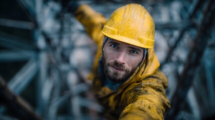 Fototapeta premium Worker in protective gear climbing electrical transmission tower