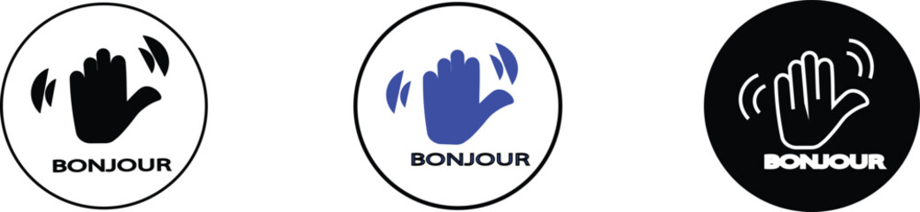 Bonjour text with hand wave icon Black and white thin flat outline style vector sign © MDParveg