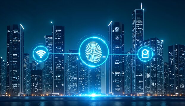 Futuristic Cityscape with Digital Icons Representing Connectivity, Biometrics, and Security - Powered by Adobe