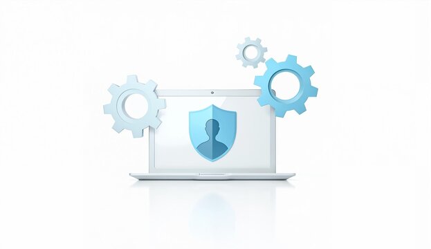 Laptop with a shield icon and gears, symbolizing cybersecurity and technology integration. - Powered by Adobe