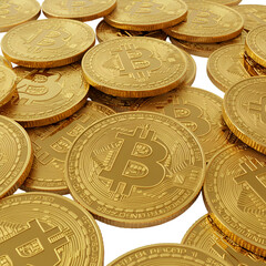3D Illustration Realistic Bitcoin Gold Coins On Isolated Background