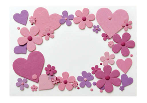 3D Illustration Pink Hearts and Flowers Frame on White Background - Powered by Adobe