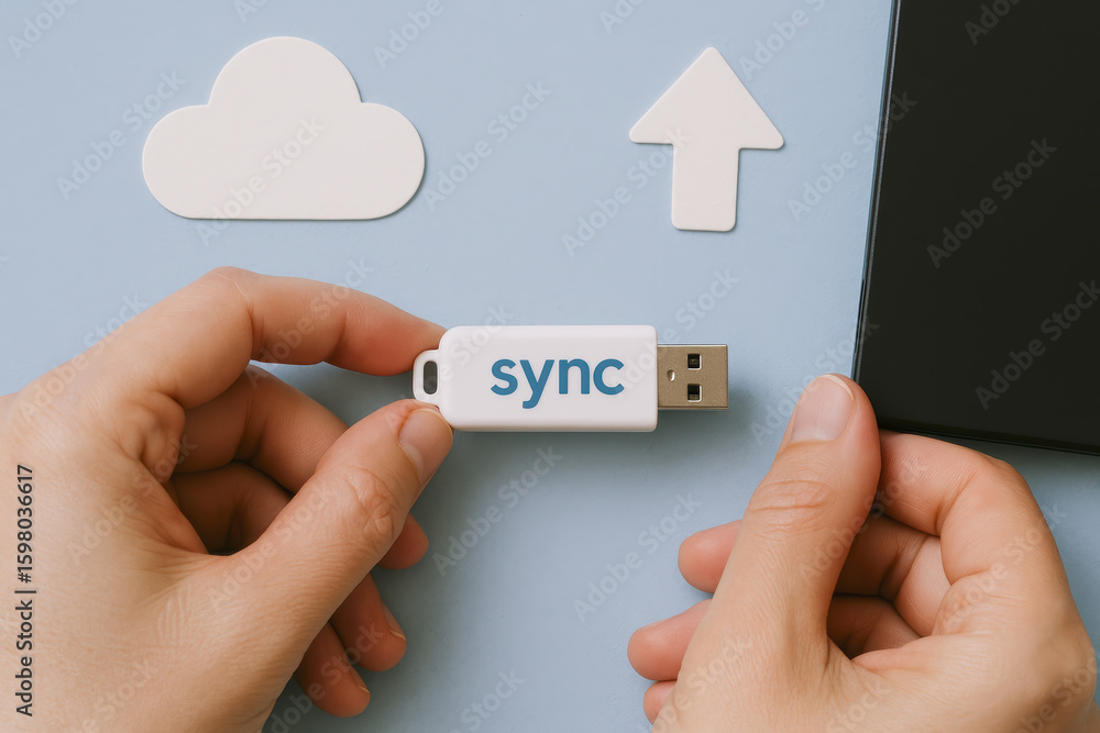 Poster sync data technology connection and storage evoke digital transfer and cloud-based innovation