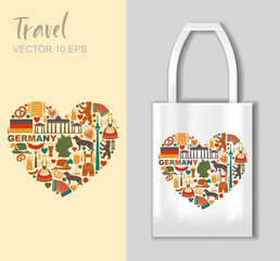 Vector illustration of Germany cultural symbols arranged in a heart shape with traditional elements, food, architecture, and national icons. Includes tote bag mockup for print or souvenir design