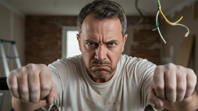 Angry frustrated middle-aged caucasian man with clenched fists during a difficult home renovation. DIY project gone wrong with exposed electrical wires.