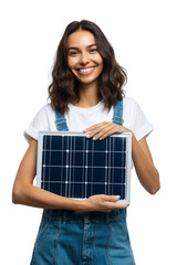 20S Woman wearing casual clothes holding a solar panel in her arms promoting renewable energy on transparent background. 