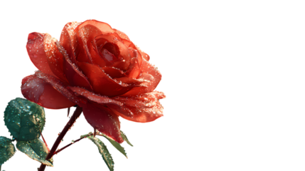 Close up of a vibrant red rose covered in water droplets isolated on transparent background