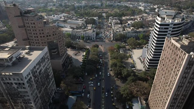 Aerial Drone shot of Connaught Place Cp in New Delhi capital city of India barakhamba road central market central park indian flag inner circle outer circle