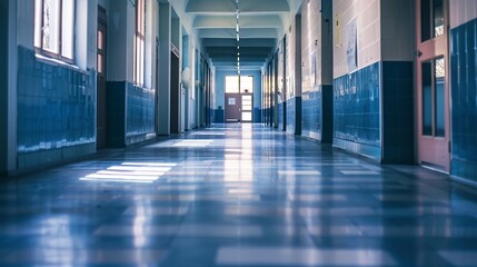 Empty hallway at a school or university during quarantine due to the Covid-19 outbreak. The lack of students affects learning and activities.