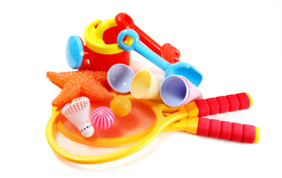 Set plastic garden toy for kids, isolated on white background, sandbox side view