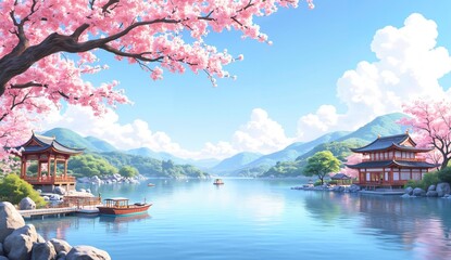 Fototapeta premium Traditional Pavilions by a Serene Lake Under Cherry Blossoms