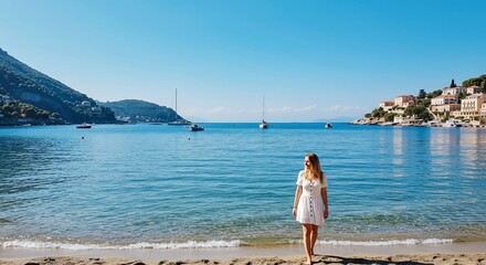 Woman strolling sandy beach with turquoise water and sailboats under clear blue sky coastal serenity
