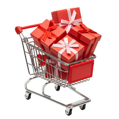 3D Illustration of Shopping Cart With Red Gifts on Transparent Background