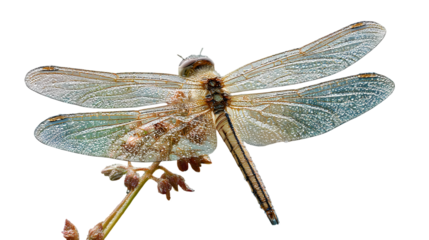 Detailed close up of a brown dragonfly with iridescent wings perched on a plant stem isolated on transparent background
