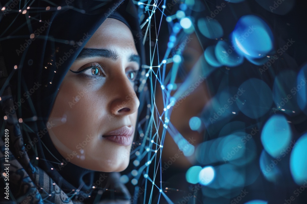 Poster scientist wearing hijab analyzing glowing mesh of interconnected nodes representing global network
