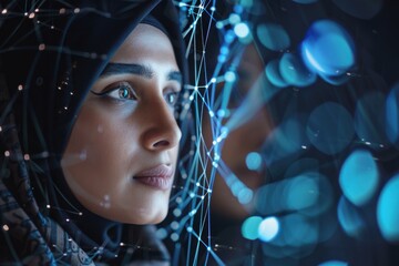 Scientist wearing hijab analyzing glowing mesh of interconnected nodes representing global network