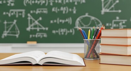 Open book and pens on a desk in front of a chalkboard with math equations
