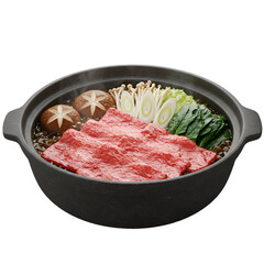 3D Illustration of Sukiyaki with Beef and Vegetables in a Pot