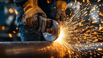 Worker using an angle grinder on a metal pipe, producing bright sparks and demonstrating industrial craftsmanship.