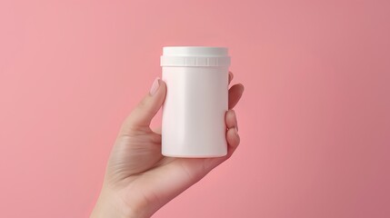 Empty white plastic tube for pills, capsules, or supplements. Product packaging mockup with a young woman's hand holding it on a pink background.