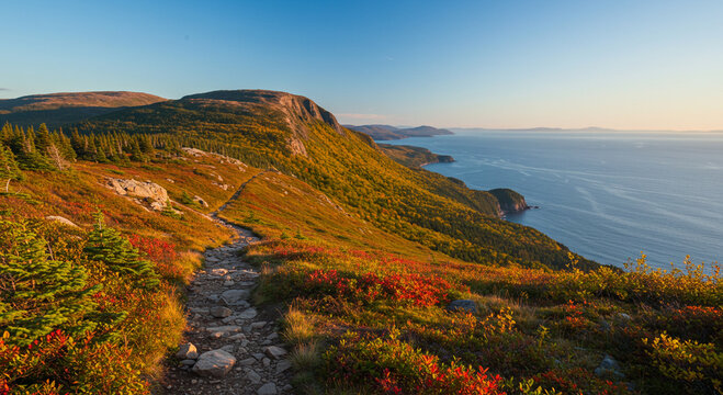 Breathtaking autumn landscape with a scenic hiking trail along a coastal cliff overlooking the ocean at sunrise.