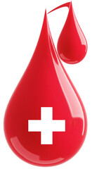 3D Illustration of Two Glossy Red Blood Drops With White Cross