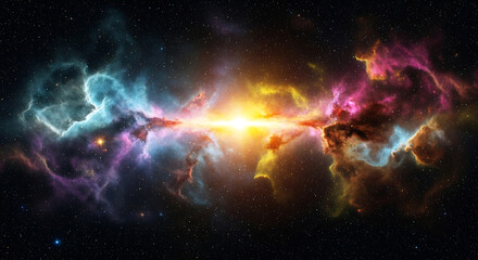 Fototapeta premium A Spectacular Collision of Interstellar Gas Clouds Illuminates the Vast Expanse of Deep Space with Vibrant Hues of Color and Celestial Light