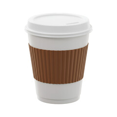3D Illustration of White Disposable Coffee Cup With Brown Sleeve