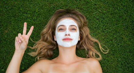 Woman with beauty mask lying on green grass making peace sign overhead