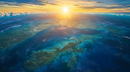 Aerial Ocean View at Sunset with Coral Reefs and Dramatic Skies
