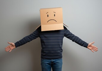 Man with Sad Face Cardboard Box on Head, Feeling Isolated. Generative Ai