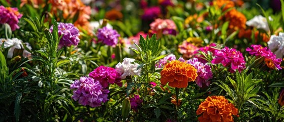 Fototapeta premium The Colorful Arrangement of Marigolds and Petunias in a Vibrant Garden.