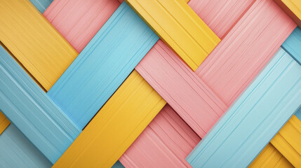 Colorful woven patterns create vibrant and playful background, featuring shades of pink, blue, and yellow