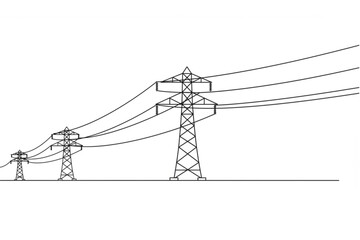 Power lines stretching into the distance, supported by transmission towers in linear formation