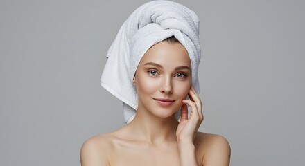 Woman with towel on head clean freshness and beauty concept