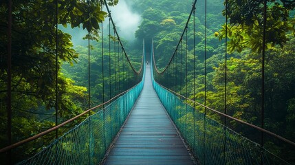 Fototapeta premium Misty rainforest scene with suspension bridge pathway.