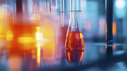 Laboratory equipment, glassware, scientific experiment, chemical reaction, orange liquid, pipette, beaker, reflection, research